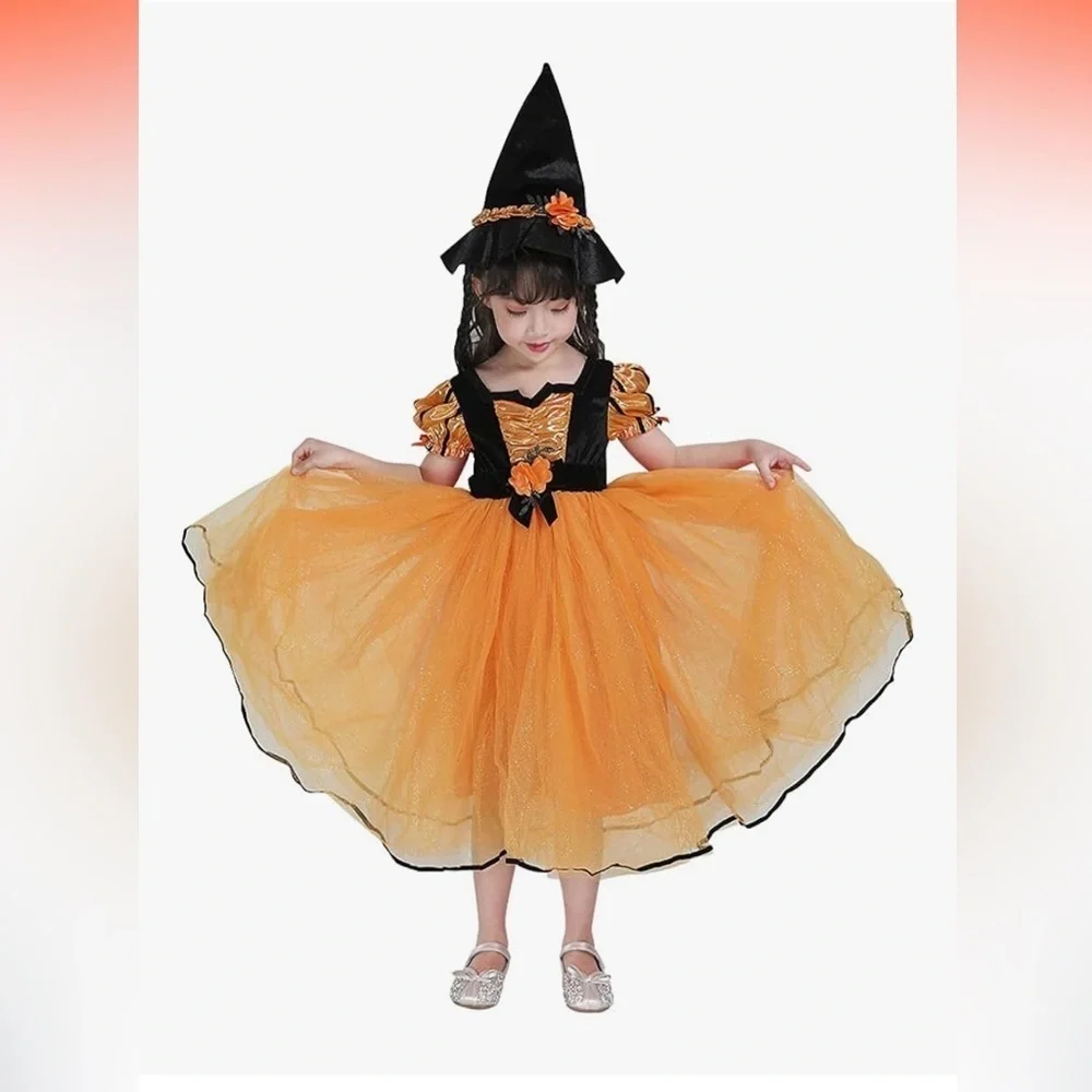 NWT Orange Fancy Fairytale Witch Costume 2T-4T Dress & Hat  Halloween Cosplay